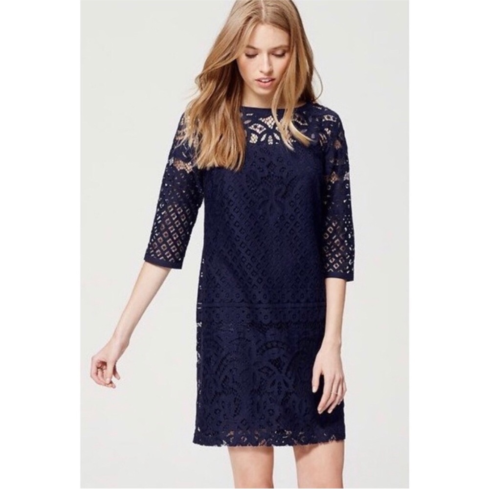 LOFT Ann Taylor Navy Blue Lace Shift Dress Sz 6